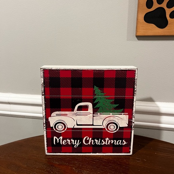 Merry Christmas Wooden Square - Wagon with tree and Red Buffalo Plaid - NWOT - Picture 6 of 6